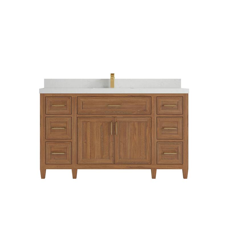 Willow Collections 60 in. W x 22 in. D Santa Monica Teak Single Sink Bathroom Vanity with Countertop - 2”Carrara Quartz - Dark Natural