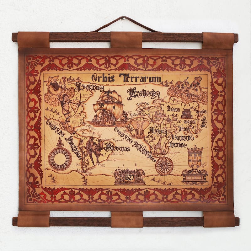 NOVICA Handmade Orbis Terrarum Leather Wall Map