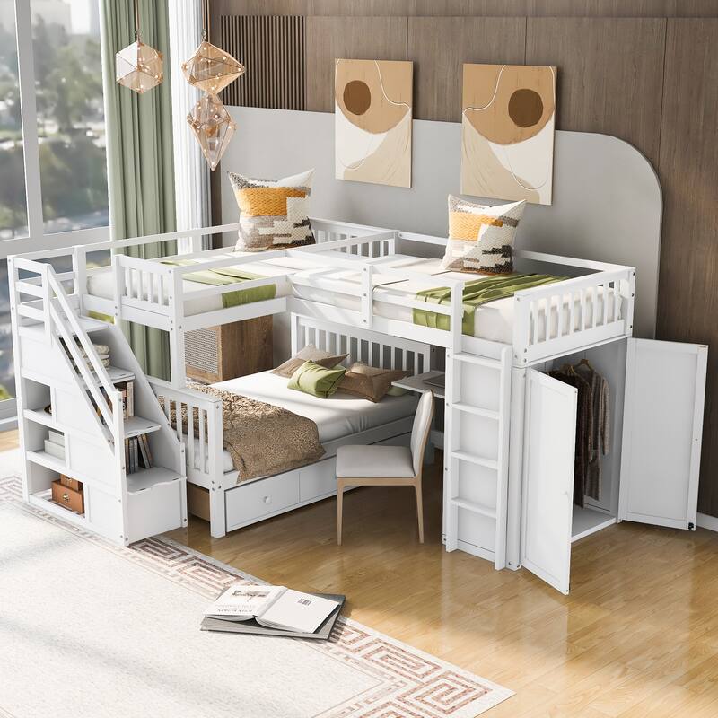 L-Shaped Bunk Bed, Twin-Twin Over Full Wood Bed with Wardrobe, Foldable Desk, Drawers and Shelves - Twin - White