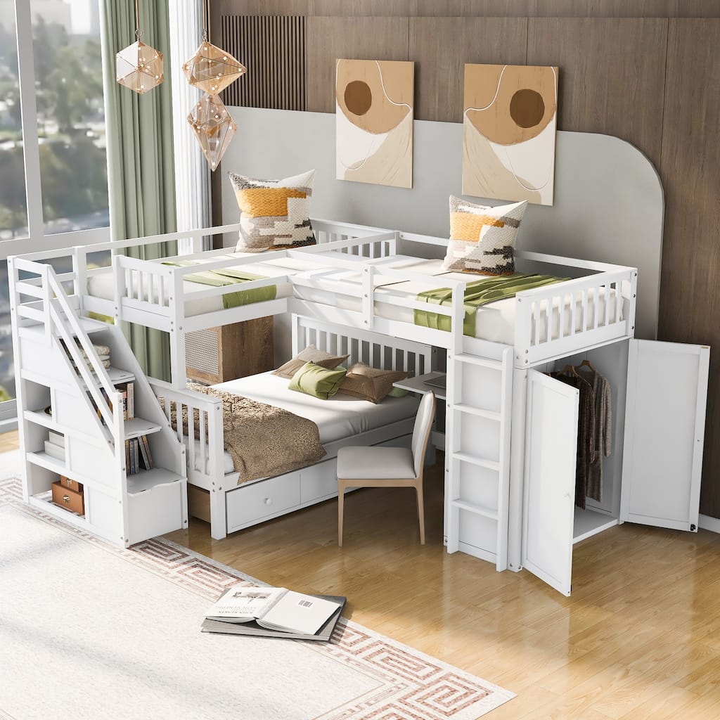 L-Shaped Bunk Bed, Twin-Twin Over Full Wood Bed with Wardrobe, Foldable Desk, Drawers and Shelves