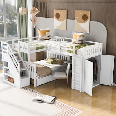Twin-Twin over Full L-Shaped Bunk Bed With 3 Drawers, Portable Desk and Wardrobe, White