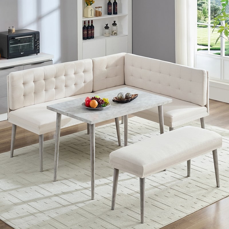 Mixoy 3 Pieces Dining Table Set, Rectangular Table with Upholstered L-Shaped Sofa Chairs Set