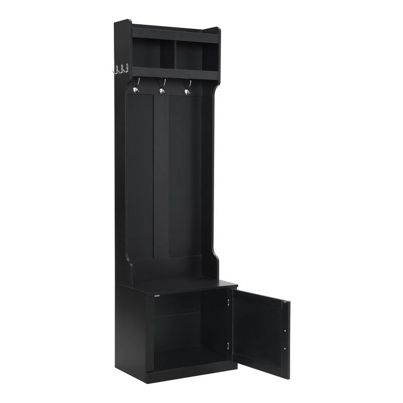 Minimalist Slim Hall Tree with Cabinet & 6 Hanging Hooks, Multi-functional Storage Bench with Coat Rack