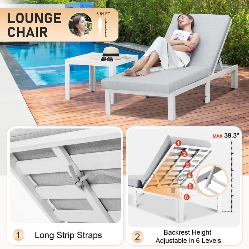 FINCATI Aluminum Pool Loungers for Deck, Adjustable Lounge Chair Pool, Luxury Cushioned Patio Chaise Lounges with Coffee Table