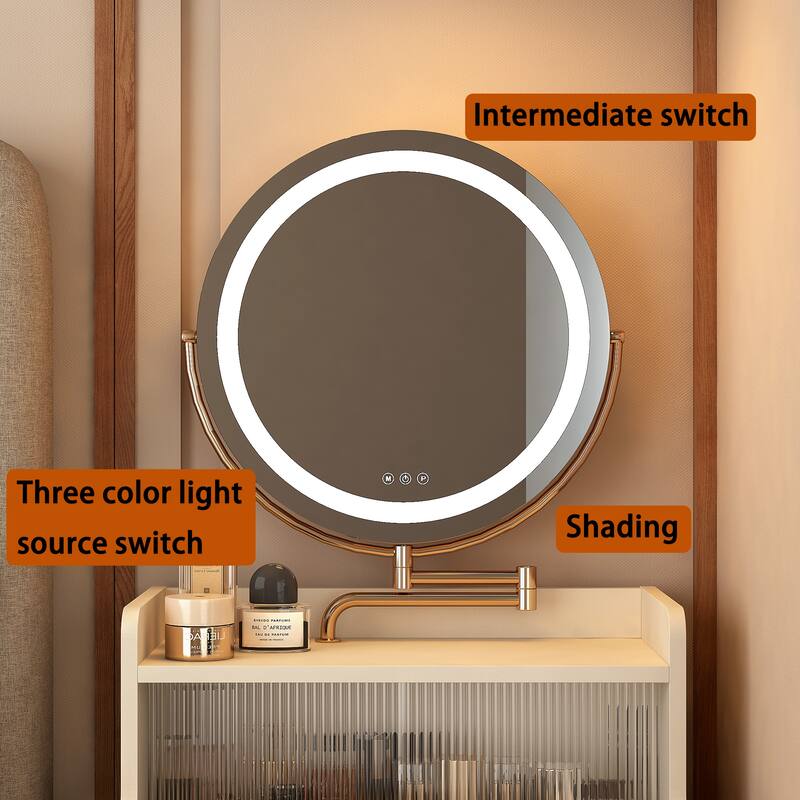 3 in 1 Small Vanity, Makeup Table with Mirror and Light, Vanity Table Set with 2 Drawers and Upholstered Stool