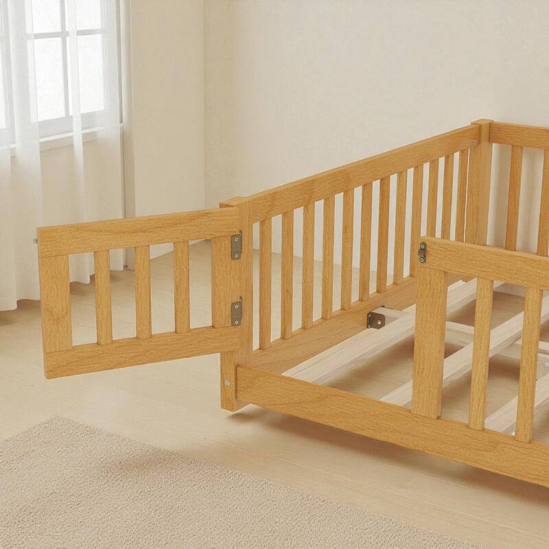 Twin/Full/Queen Size Wood Floor Bed with Door and Guardrails for Kids, Montessori Bed with Removable Slats