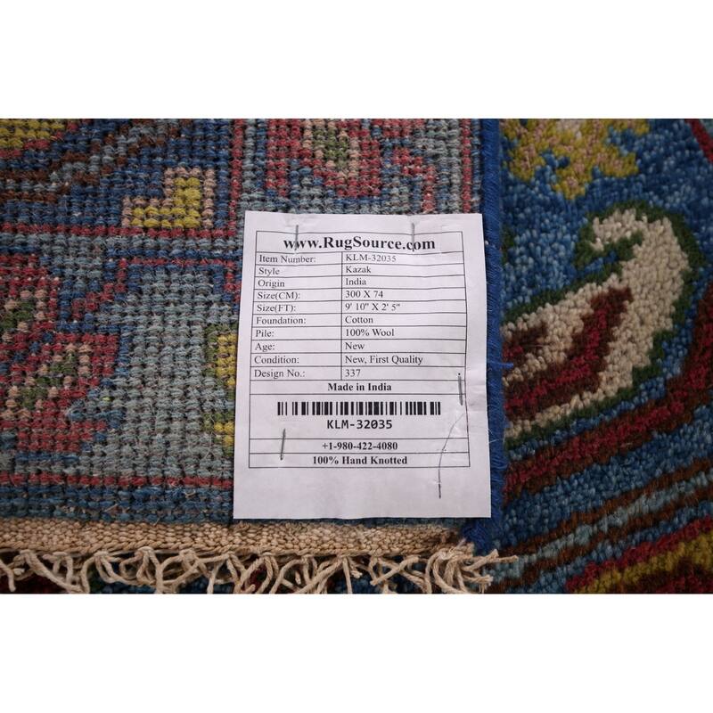 Geometric Blue Kazak Oriental Runner Rug Handmade Wool Carpet - 2'5"x 9'10"
