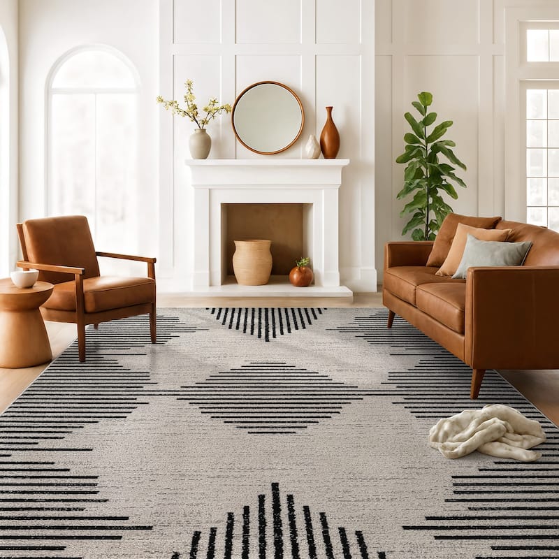 Modern Abstract Area Rug for Living Room, Bedroom, or Entryway - Low Pile Indoor Rug - Cream - 7' 10" x 10'