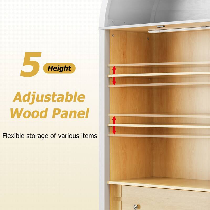 Modern Arched Cabinet with Glass Doors,72" Tall Arch Storage Cabinet with Height Adjustable Shelf and 2 Drawers Bookshelf