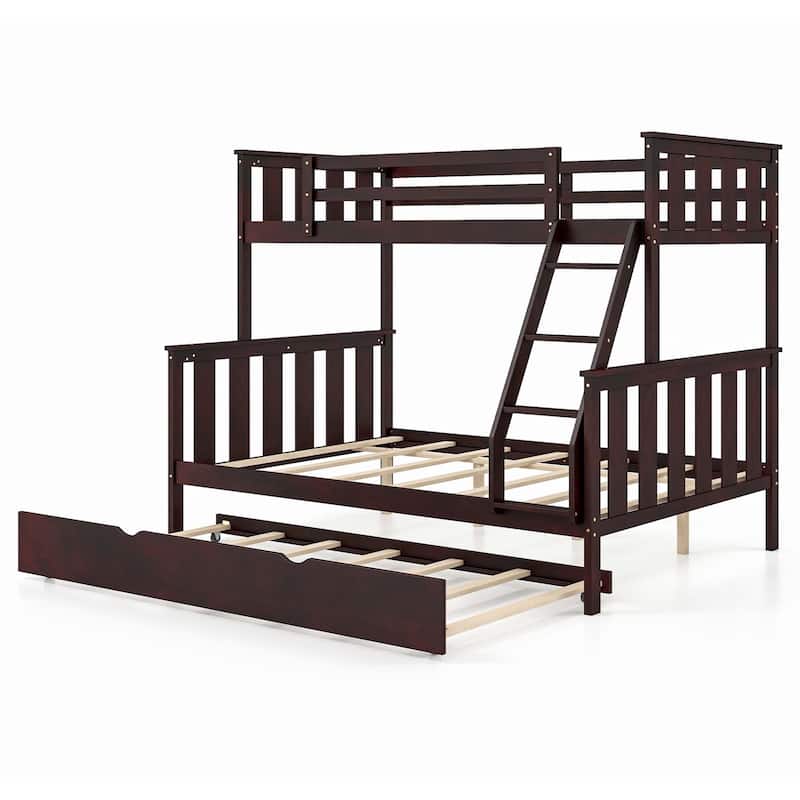 3-in-1 Twin Over Full Bunk Bed with Trundle Ladder Safety Guardrails - Espresso