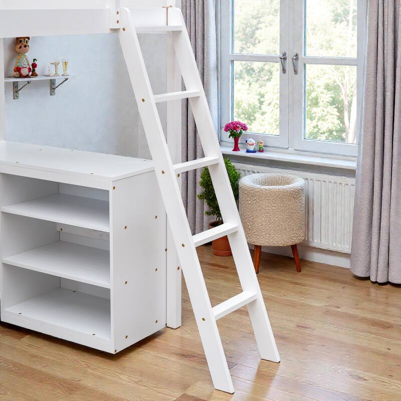 Twin Size Wooden Loft Bed with Shelves and Desk, Space-Saving Pine Wood Loft Bed with Guardrails and Ladder
