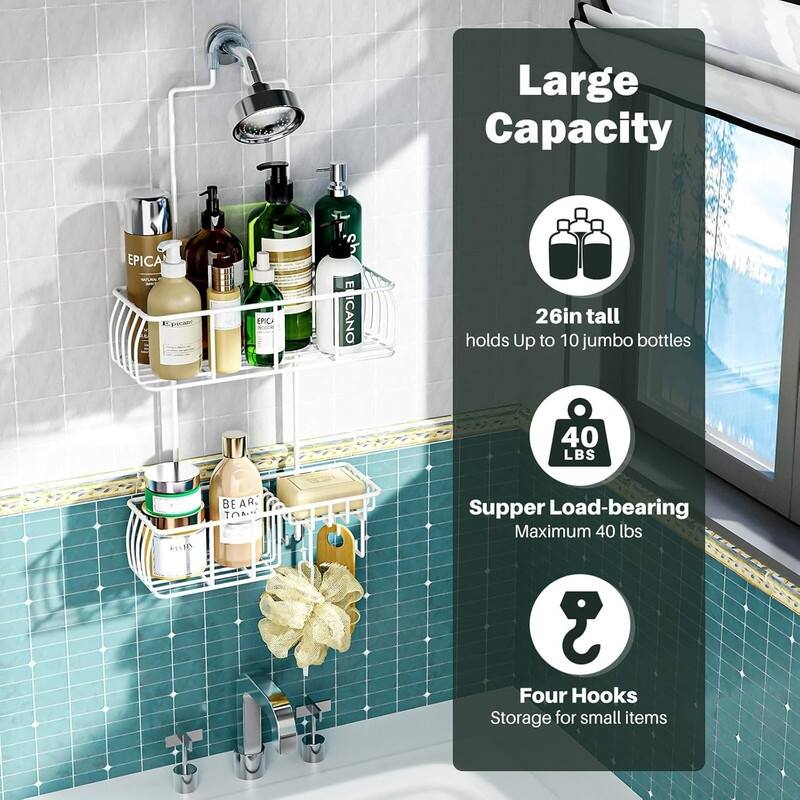 Shower Caddy Hanging, Anti-Swing Over Head Shower Caddy Rustproof with hooks for Towels, Sponge and more