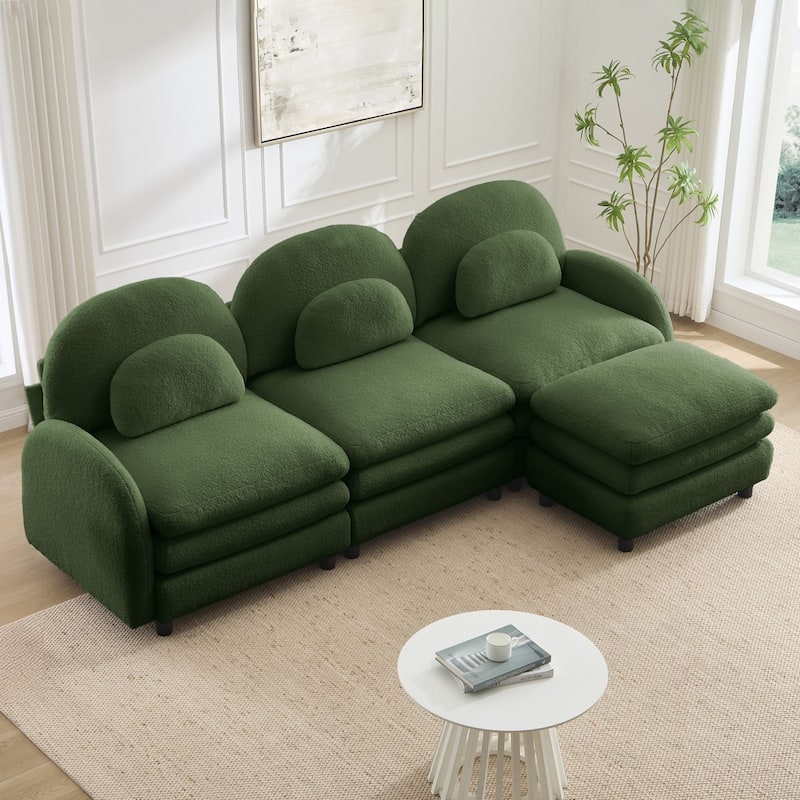 98.2" Teddy Fabric Sectional Sofa with Curved Pillows and Ottoman