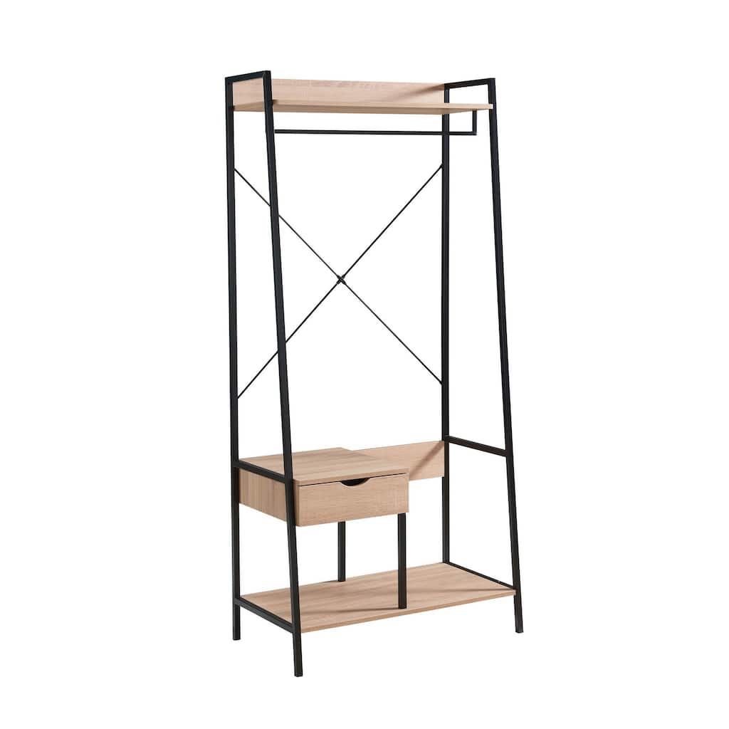Bery 71 Inch Clothing Rack, 1 Drawer, Hanging Rod, Open Shelf, Brown, Black
