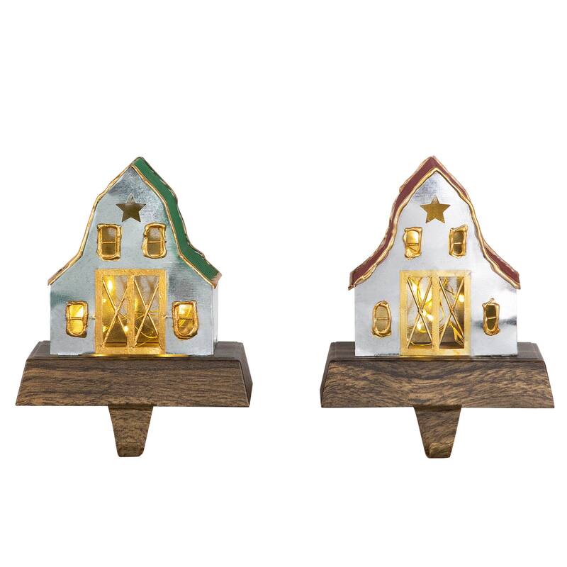 Set of 2 LED Lighted Galvanized Barn Christmas Stocking Holders 5.5"