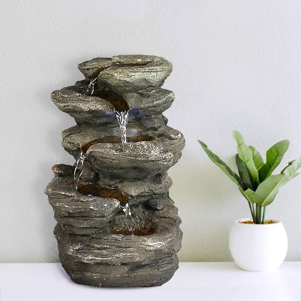 Indoor Rock Fountain w/LED Lights - 5-Tier Tabletop Water Fountain