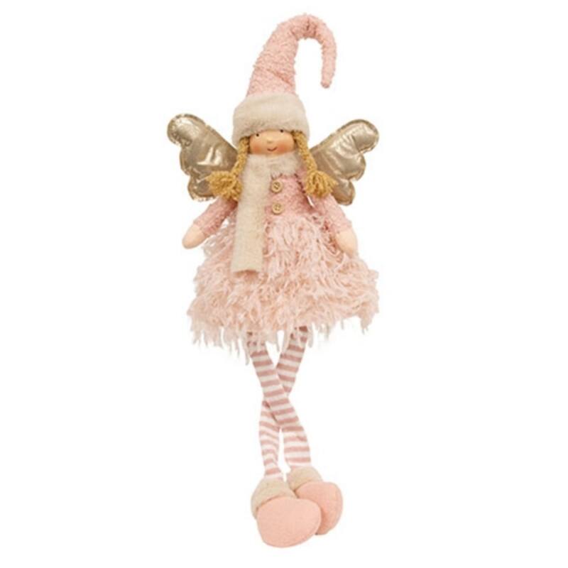 Plush Dangle Leg Angel Decor with Cozy Dress and Wooden Buttons for Shelf or Table Display - 28" H x 10" W x 5" D - Pink