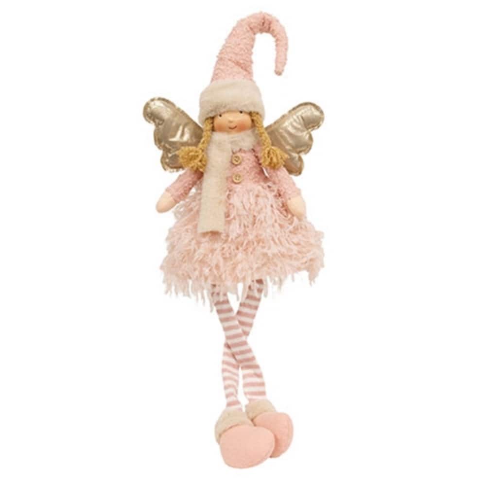 Plush Dangle Leg Angel Decor with Cozy Dress and Wooden Buttons for Shelf or Table Display - 28" H x 10" W x 5" D