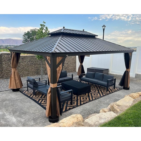 PURPLE LEAF Aluminum Teak-finish Outdoor Hardtop Gazebo - On Sale