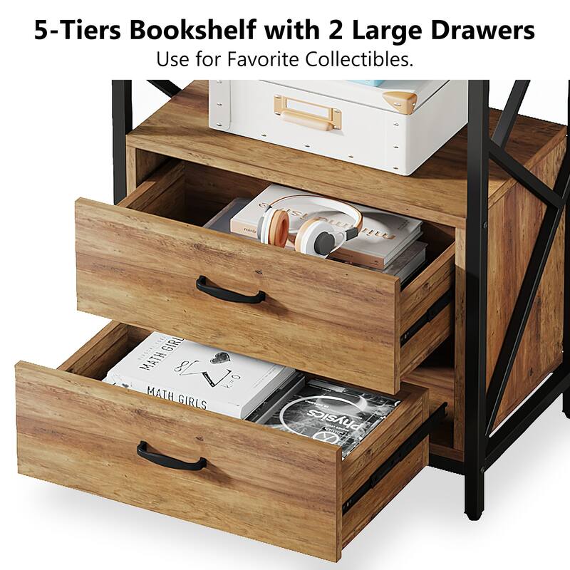 70.8" Bookcase Bookshelf with 2 Drawers and 5 Shelf Open Shelf for Living Room, Bedroom, Home, Office