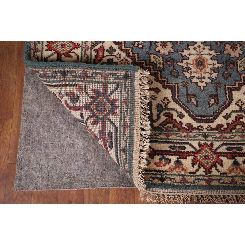 Blue Geometric Heriz Serapi Indian Area Rug Hand-Knotted Wool Carpet - 4'2"x 6'1"