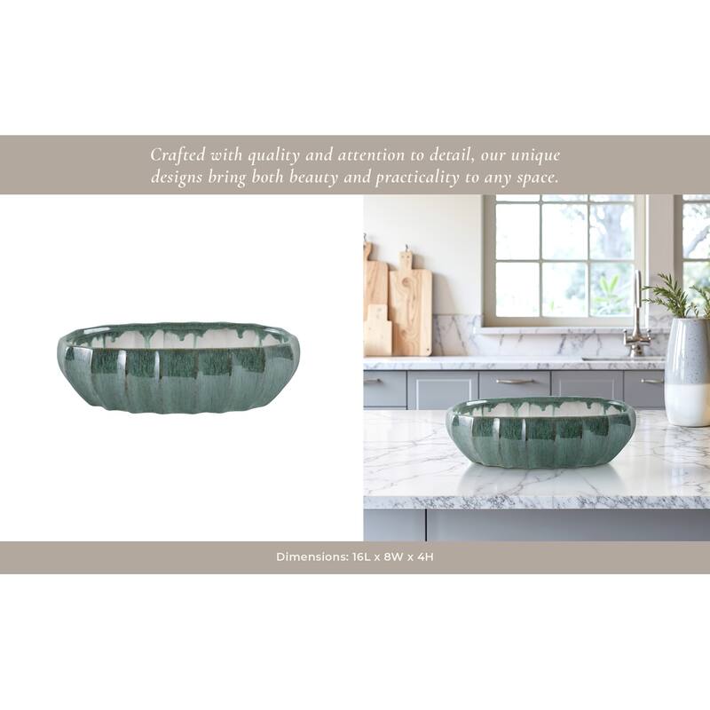 Stoneware Ceramic Decorative Bowl with Textured Hand-Glazed Finish - 16" x 8" x 4"