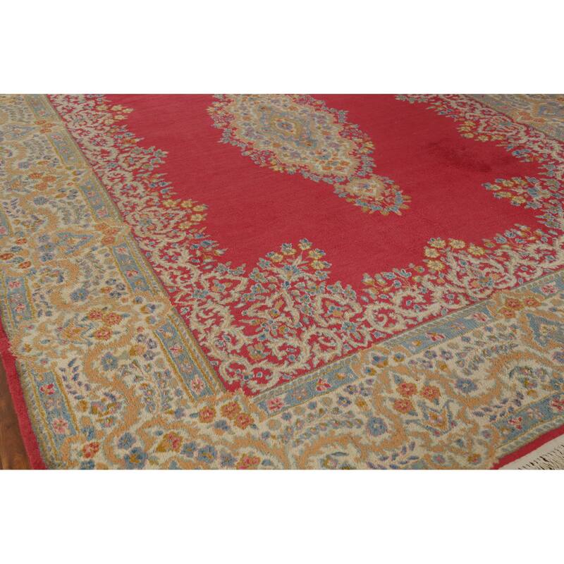 Hand Knotted Oriental 100% Wool Carpet Traditional Floral Pink Kerman Area Rug - 11' 11'' X 8' 6''