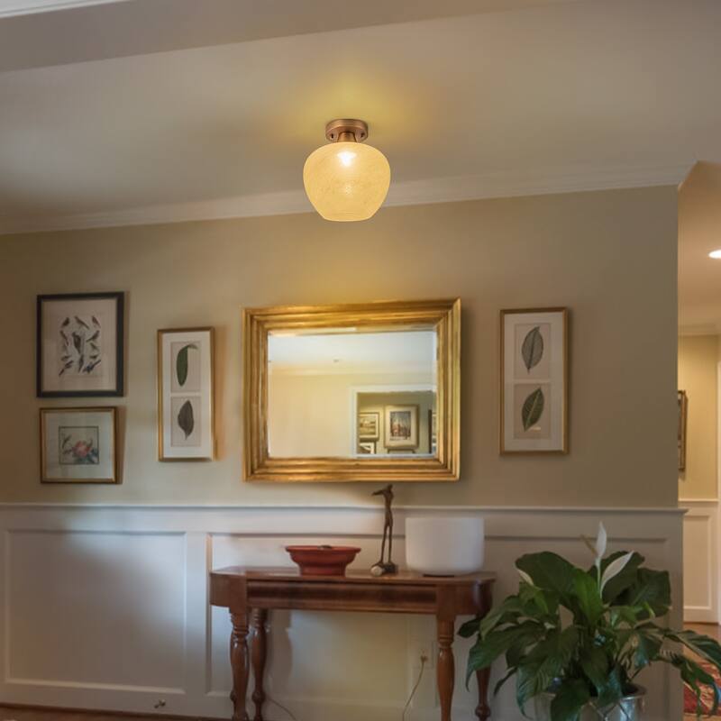 1-Light Gold Dome Flush Mount Ceiling Light with Opal Glass