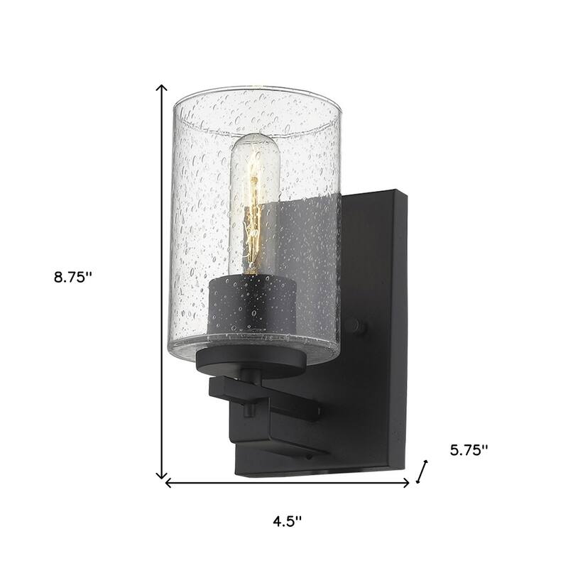 Matte Black Steel Wall Sconce with Seeded Glass Shade Hardwired, LED - 5.75” x 4.5” x 8.75” (D x W x H)