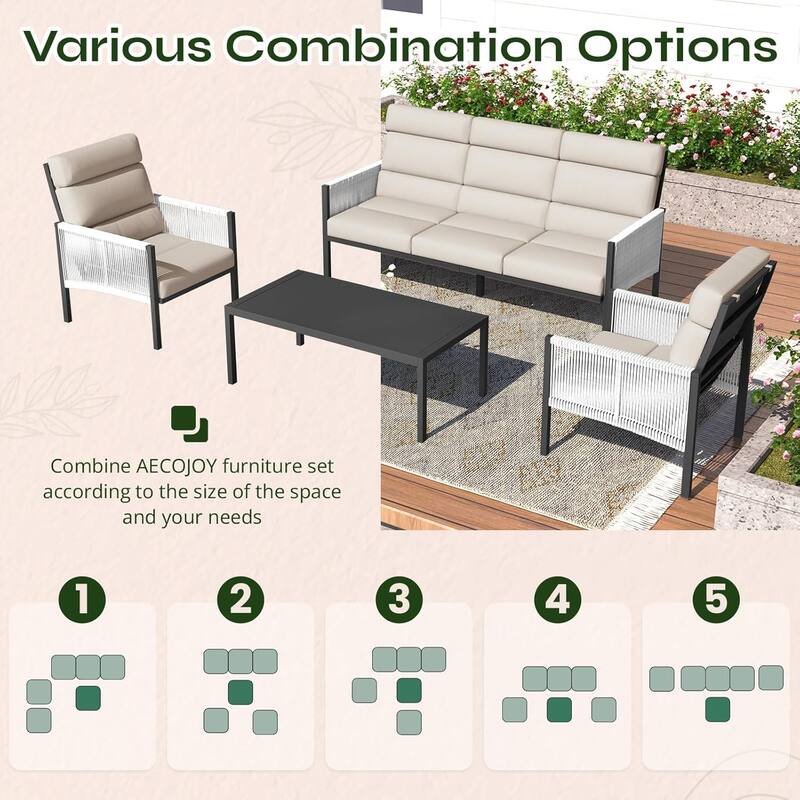 AECOJOY 4 Pieces Outdoor Aluminum Patio Furniture Set with Coffee Table, Morden Outdoor Patio Sectional Furniture Set