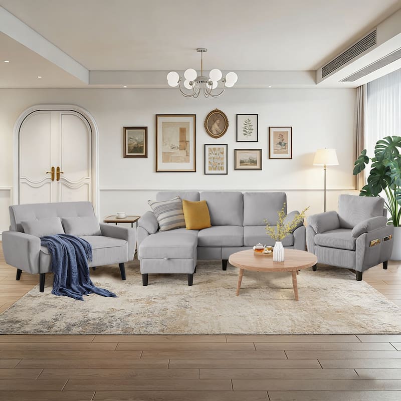 4-Piece Living Room Sectional Sofa Set with Loveseat and Chair - Light Grey