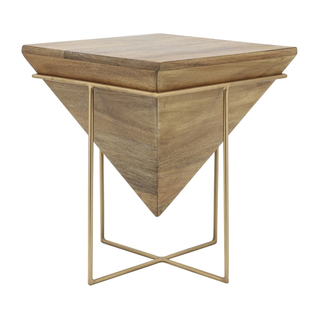 17.5" Brown and Gold Inverted Mango Wood Pyramid Side Table
