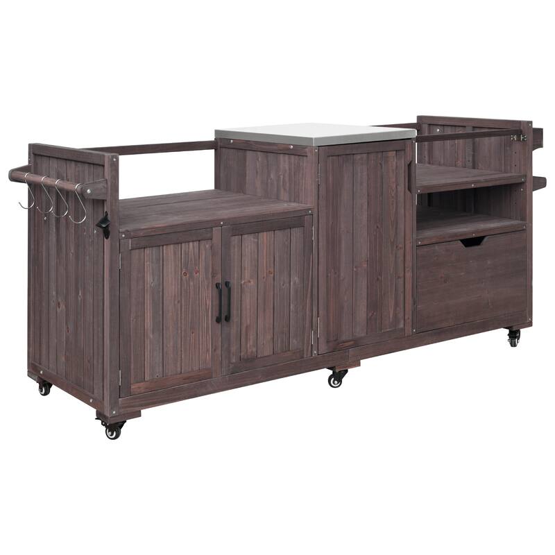 80.5"Kitchen Island,Solid Wood Grill Cart with Stainless Steel Top,Drawer for Large Big Green Egg and 21"/28"Blackstone Griddle