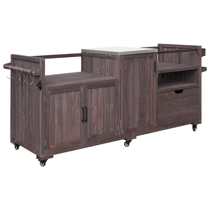 Solid Wood 80.5" Outdoor Kitchen Island for Big Green Egg& Blackstone Griddle, Grill Cart Table with Stainless Steel Top