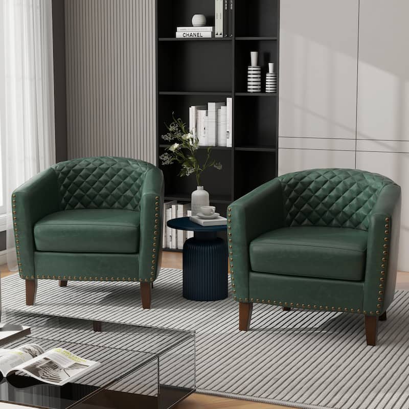UIXE Mid-Century Leather Barrel Accent Chair With Nailheads Trim - 29" W