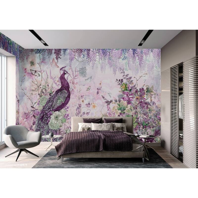 Peacock Wallpaper Mural with Floral and Wisteria Accents - Purple - W:122" x H:110"