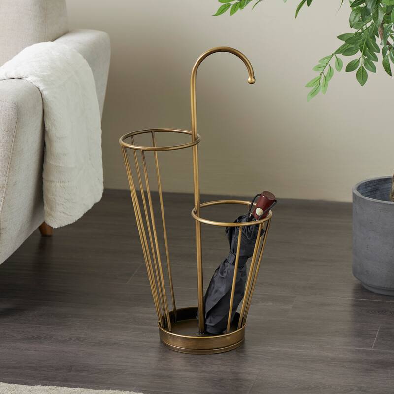 Gold or Black Metal 2 Section Umbrella Stand with Umbrella Shaped Handle - Gold