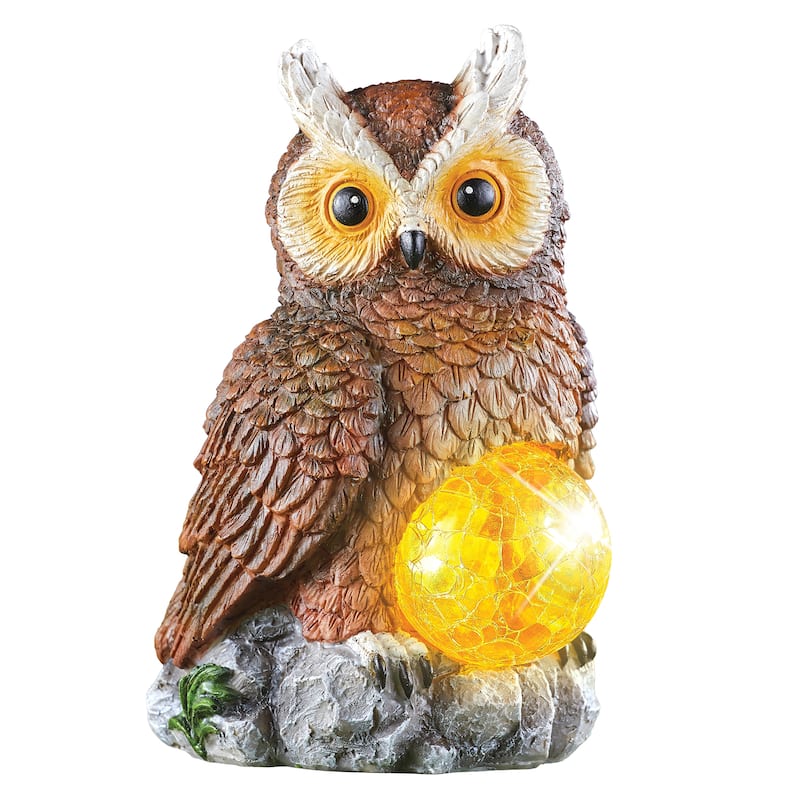 Brown Owl Solar Powered Crackled Glass Ball Garden Decoration - 5.91 x 10.43 x 6.89