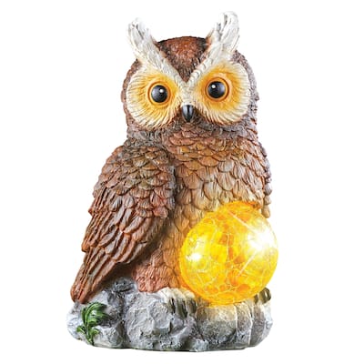 Brown Owl Solar Powered Crackled Glass Ball Garden Decoration - 5.91 x 10.43 x 6.89