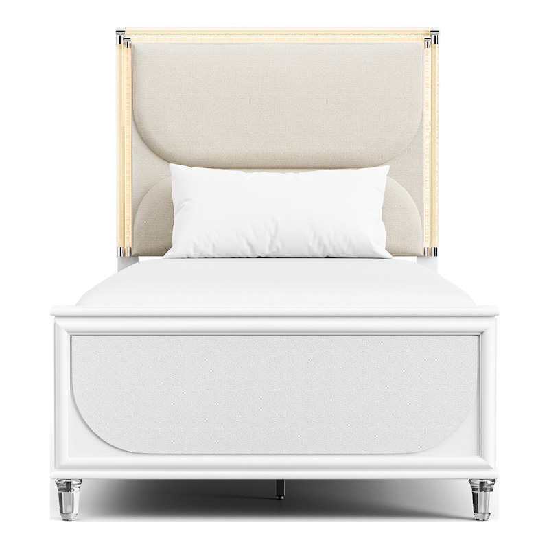 Furniture of America Drima Modern 4-Piece Pearl White Solid Wood Kids Platform Bedroom Set with LED