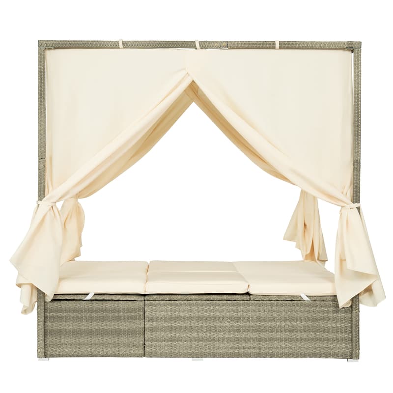 Outdoor Rattan Canopy Daybed Sunbed with Curtain & Adjustable Seat
