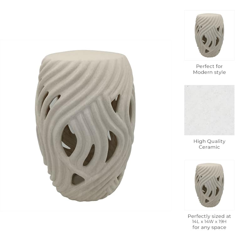 Ceramic Garden Stool Openwork Wave Design for Home Office - 19" White