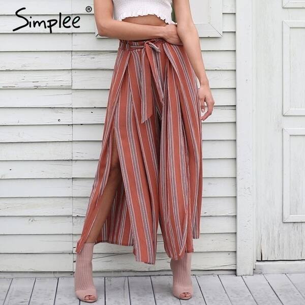 Shop Simplee High Split Stripe Wide Leg Pants Women Summer Beach