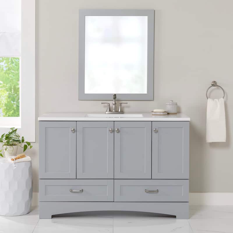 Spring Mill Cabinets Emlyn 48.5" Bathroom Vanity With Shelves, Drawers, and White Sink Top