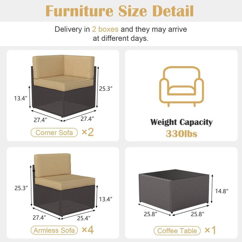 7PC Outdoor Patio Furniture Set, Wicker Patio Sectional Furniture Set with Coffee Table & Cushion for Garden, Backyard, Poolside