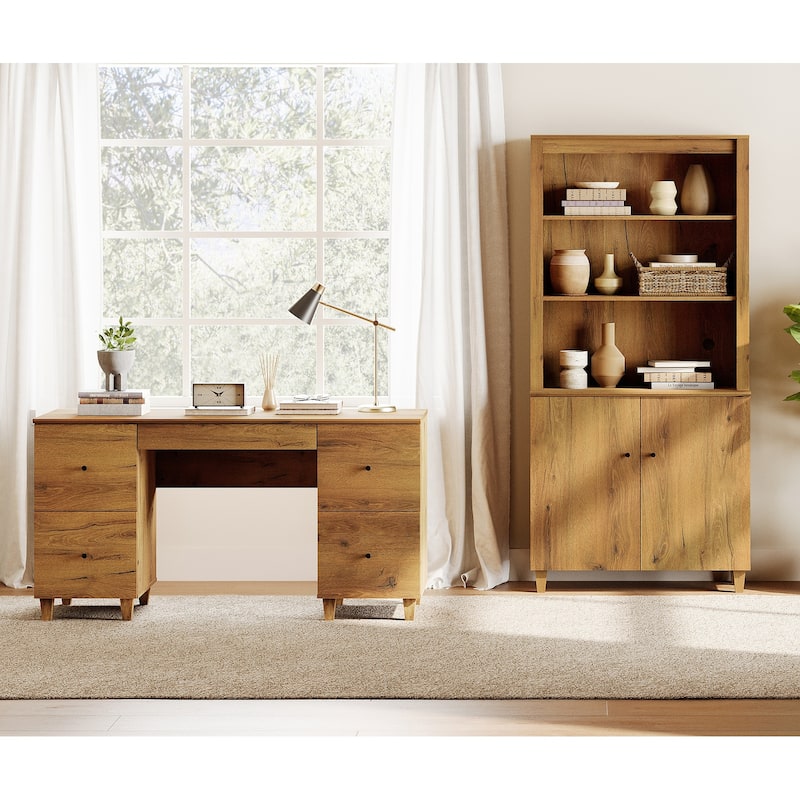 WAMPAT Home Office Furniture Set, 58" Executive Desk with Drawers, 71" Tall Bookcase with Doors and Adjustable Shelves