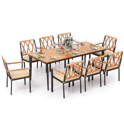 9PCS Patio Dining Set 79" Outdoor Chair &Table Set w/ Umbrella Hole