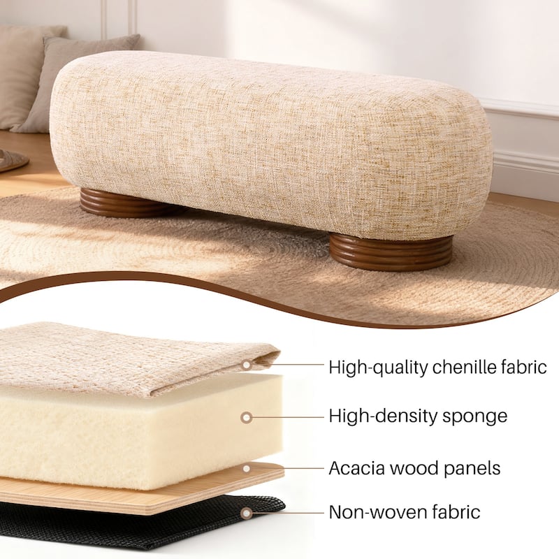 59-Inch Chenille Upholstered Ottoman Bench with Acacia Solid Wood Frame - 59.1"L x 19.1"H x 20.1"D
