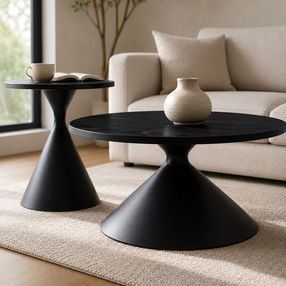 2-piece coffee round table set, travertine patterned tabletop with steel base