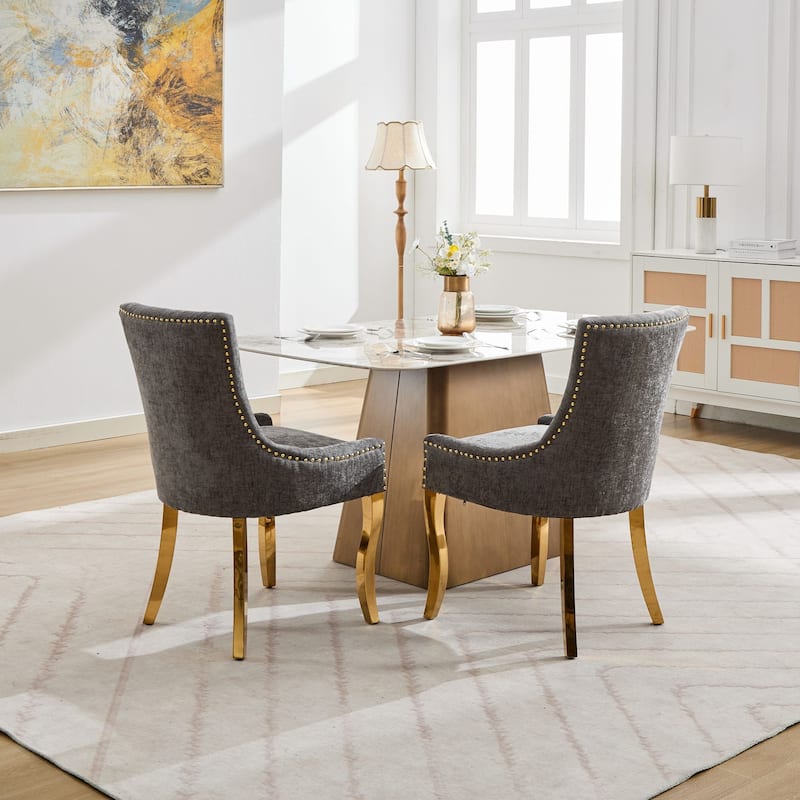 Chenille Dining Chairs, Modern Upholstered Accent Chair with Curved Gold-Plated Legs & Rivet Trim, Plush Fabric, Set of 2